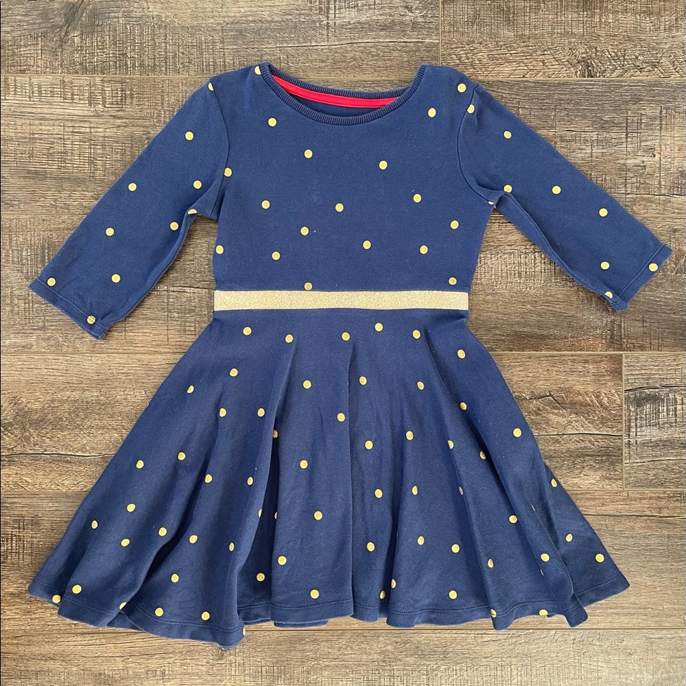 Mini Boden Dress - Blue with gold poke a dots, gold glitter band